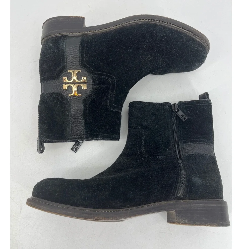 Tory Burch Alaina Ankle Boots Womens 7M Black Suede Gold Logo Side Zip Low Heel‎